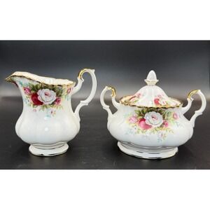 2x Lot: Royal Albert CELEBRATION Creamer & Sugar Bowl with Lid, Roses, Gold Trim